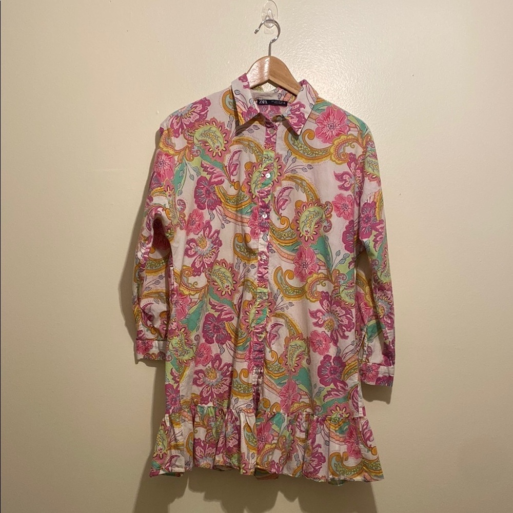 Zara Pink and Green Long Sleeve Dress. Size L